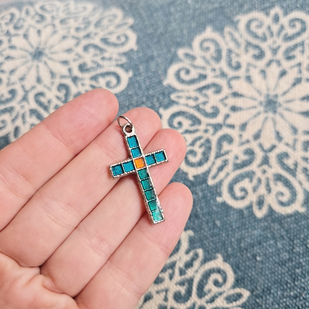 Vintage Blue & Orange Cross Pendant